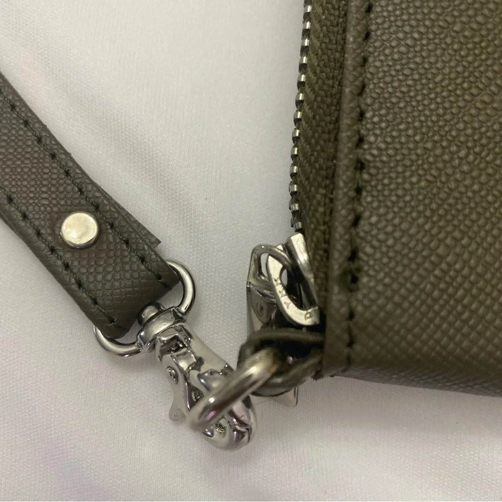 Estalon Womens Zip around Leather RFID Protection Wristlet Wallet Khaki Saffiano
